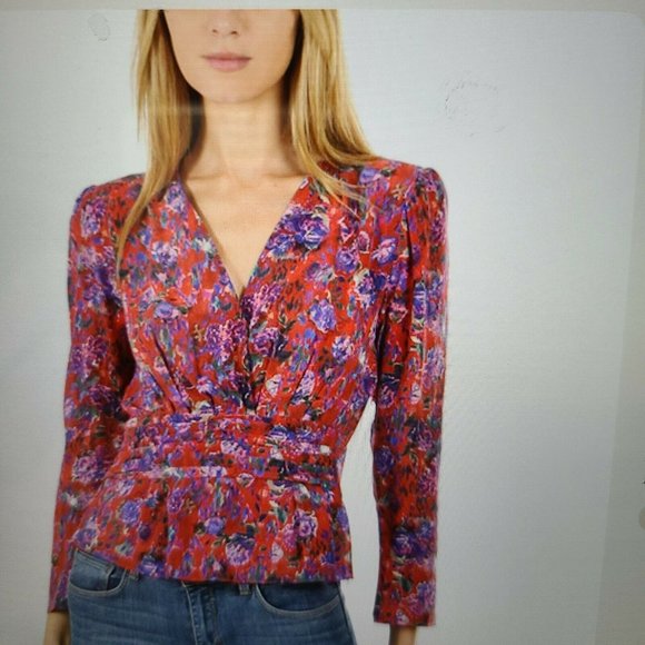 Iro Paris Hurl Blouse Red Floral V Neckline Long Sleeve sz EUR 34 US 0-2 XS - Picture 1 of 9